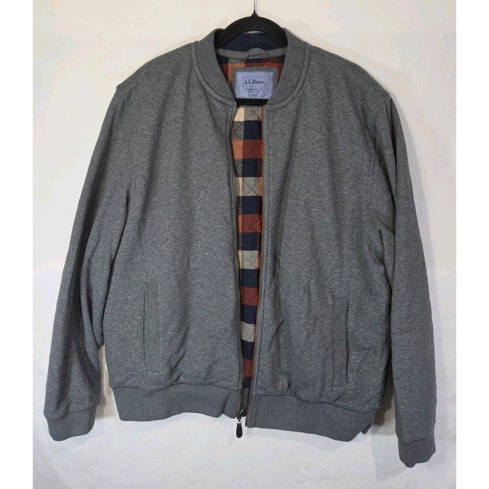 LL Bean Quilted Zip Up Bomber Jacket LRG Gray Plaid Lined Traditional Fit 500548